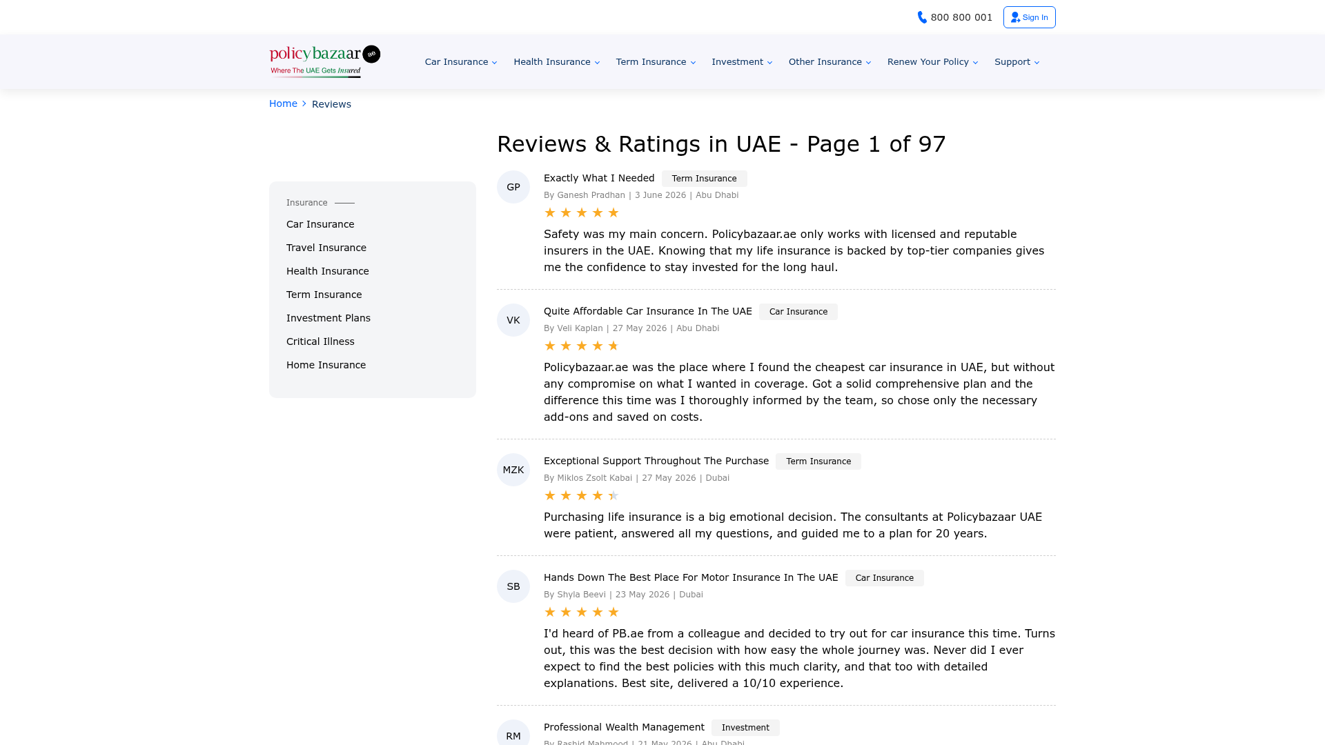 Policybazaar UAE reviews page, 97 pages of five-star reviews