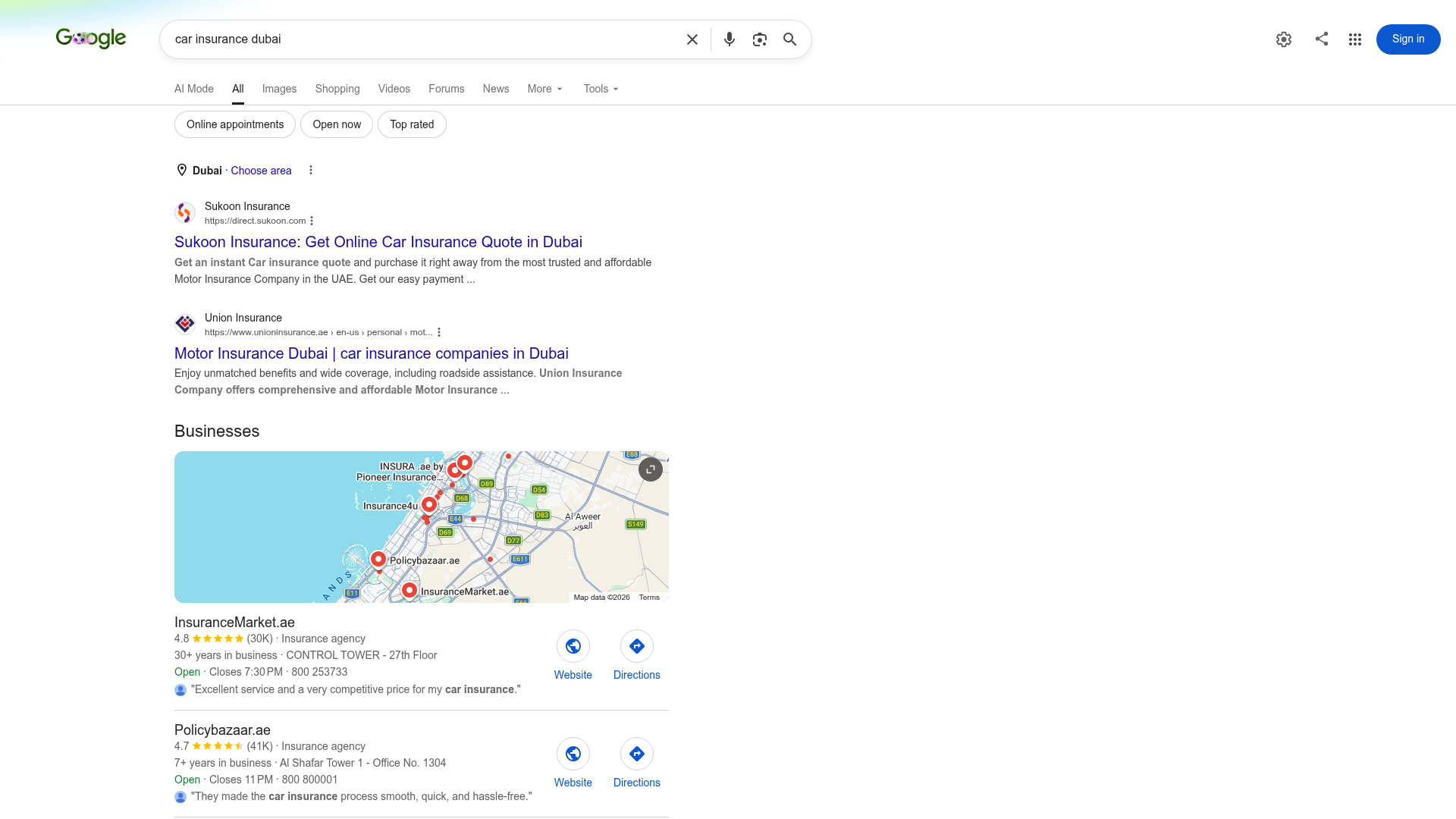 Google results for car insurance dubai showing InsuranceMarket and Policybazaar in the map pack with star ratings, no GIG Gulf