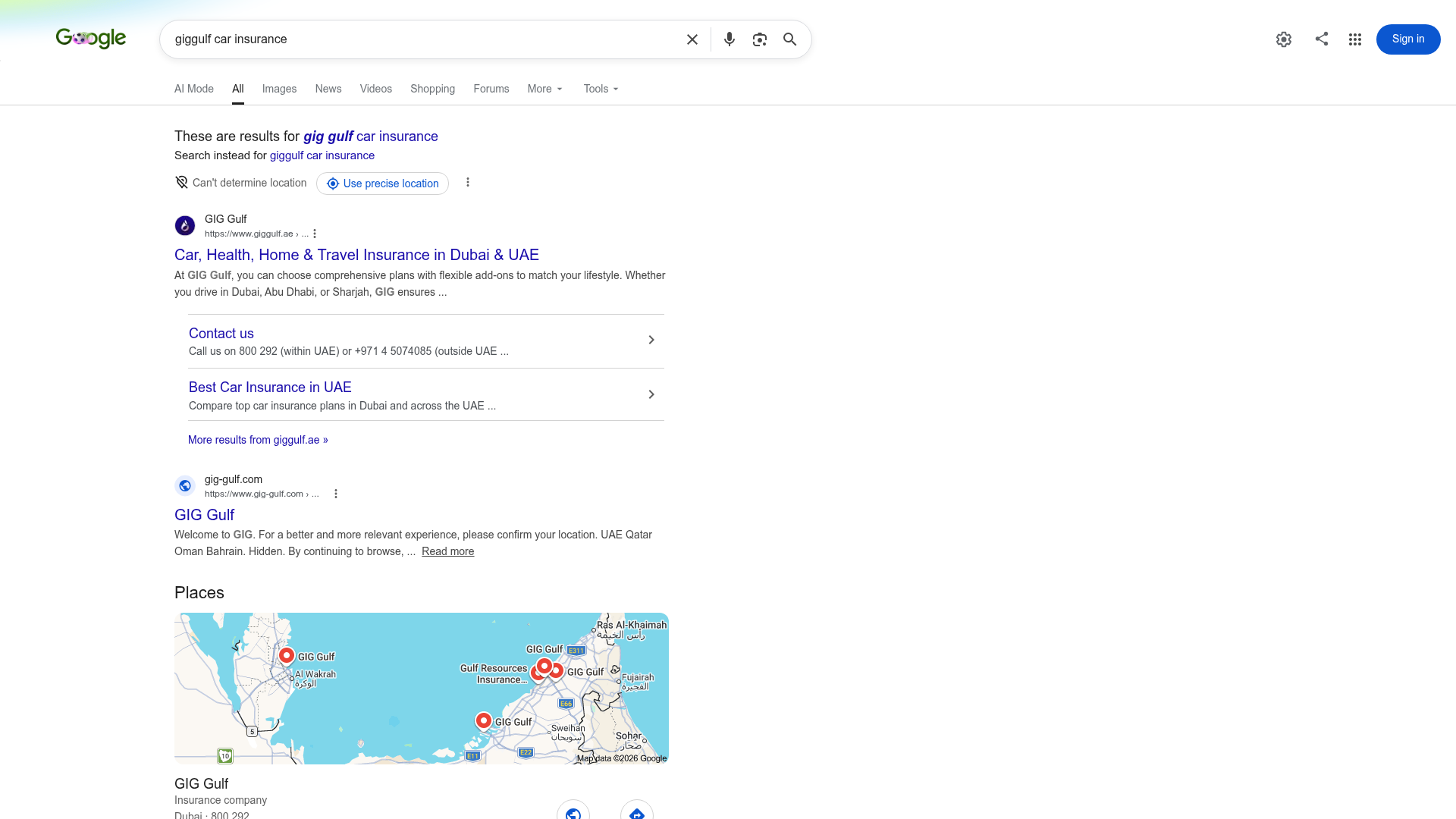 Google brand search for giggulf car insurance; GIG organic result has no star rich snippet